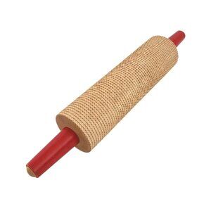 Vintage Wooden Textured  Rolling Pin 17" Red Handles Grid Pattern Cracker Pastry